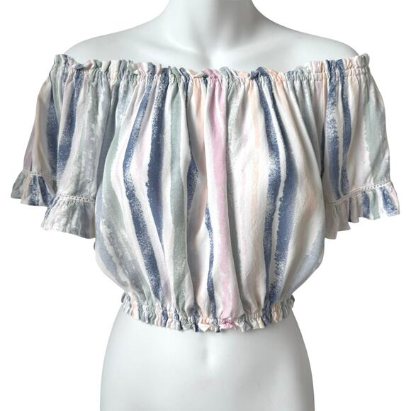 Ocean Drive Ruffled Crop Top Womens M Striped Off Shoulder Summer Peasant Blouse - Picture 1 of 11